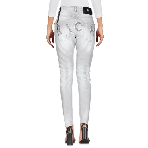 ⭐️ JOHN RICHMOND ⭐️HIGH WAISTED LIGHT GREY DENIM WASH W/BEADED BACK SIZE: (4) 27 - Picture 2 of 5